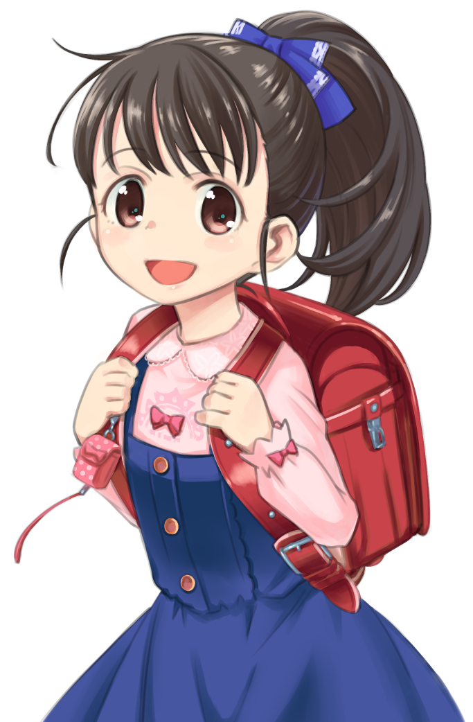 1girl, backpack, bag, black_hair, blue_bow, blue_dress, blush, bow