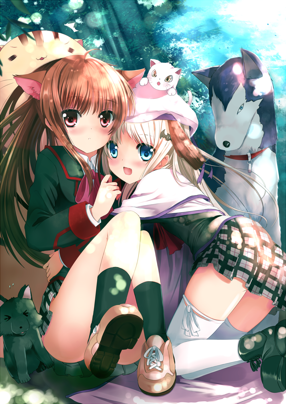 animal_ears, blonde_hair, blush, brown_hair, cat, dog, fang, highres, hug, little_busters!!, long_hair, multiple_girls, natsume_rin, noumi_kudryavka, open_mouth, plaid, plaid_skirt, skirt, smile, socks, strelka, sunlight, tartan, thigh-highs, thighhighs, white_legwear, white_thighhighs, xephonia