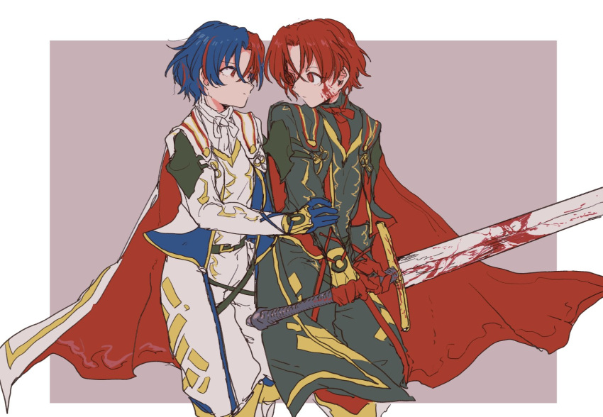 2boys, alear_(fire_emblem), alear_(male)_(fire_emblem), ascot, belt, blood, blood_on_face, blood_on_weapon, blue_hair, cape, closed_mouth, fire_emblem, fire_emblem_engage, gloves, highres, holding, holding_sword, holding_weapon, long_sleeves, looking_at_another, multiple_boys, past_alear_(male), red_eyes, redhead, short_hair, sword, teacher_sbm, weapon, white_ascot