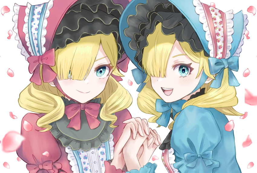 2girls, :d, blonde_hair, blue_eyes, closed_mouth, fire_emblem, fire_emblem_engage, frills, hair_over_one_eye, highres, holding_hands, madeline_(fire_emblem), marni_(fire_emblem), medium_hair, multiple_girls, puffy_sleeves, ribbon, smile, white_background, yuurururun
