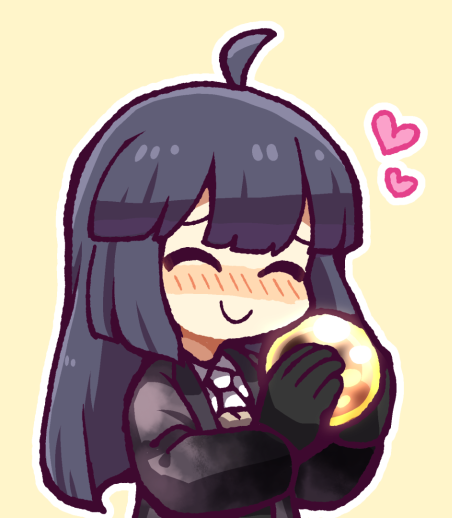 1girl, ahoge, black_gloves, blue_hair, blush, closed_eyes, closed_mouth, collared_shirt, commentary_request, dark_blue_hair, employee_(lobotomy_corporation), gloves, hatake_shimeji, heart, holding, holding_orb, jacket, lobotomy_corporation, long_hair, necktie, orb, outline, project_moon, purple_jacket, shirt, simple_background, solo, upper_body, white_necktie, white_outline, white_shirt, yellow_background