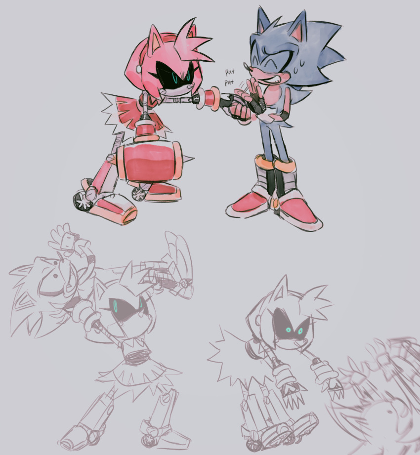 1boy, 1girl, 9474s0ul, amy_rose, animal_ears, animal_nose, black_gloves, boots