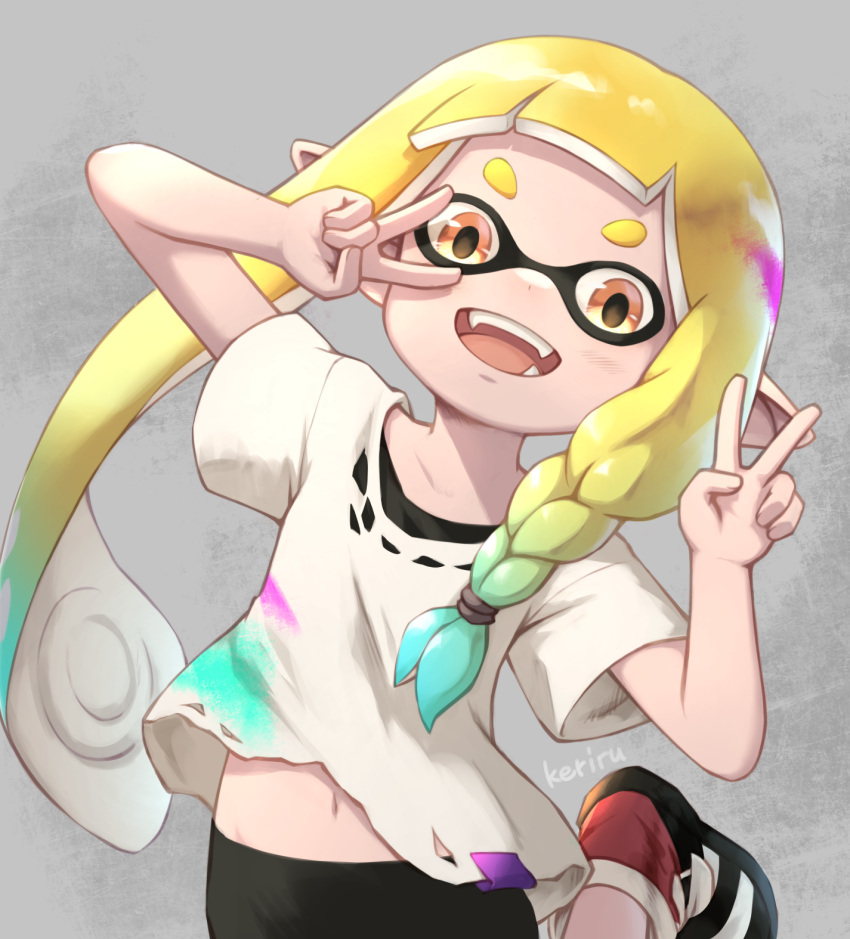 1girl, arms_up, bike_shorts, black_footwear, black_shorts, blonde_hair, blunt_bangs, braid