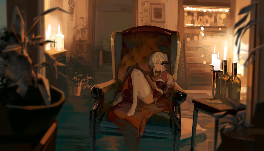 1girl, absurdres, armchair, au_ra, bare_shoulders, blurry, blurry_foreground, book