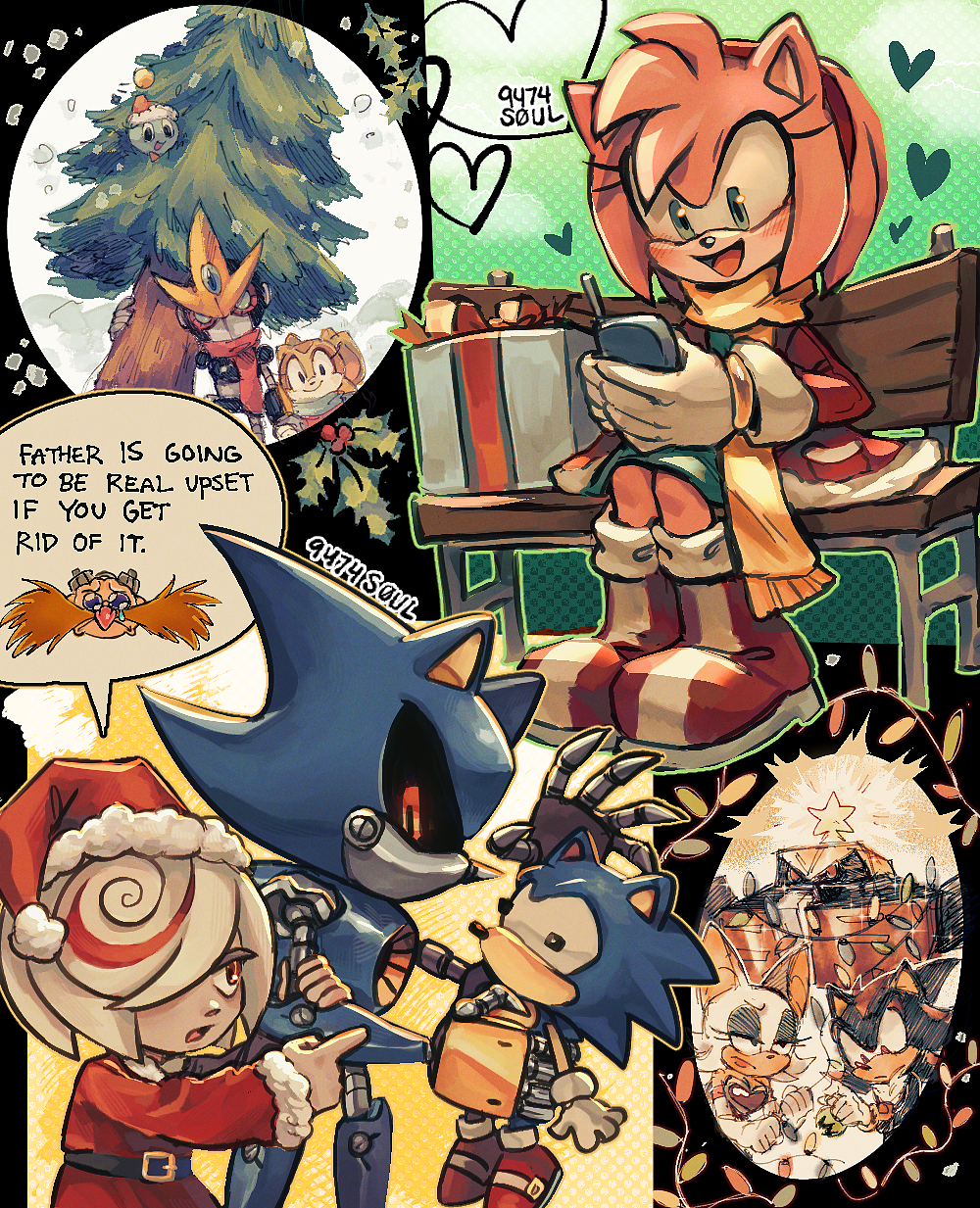 2boys, 4girls, 9474s0ul, amy_rose, animal_ears, animal_nose, bench, blush, boots, box, chao_(sonic), character_doll, cheese_(sonic), christmas, christmas_lights, closed_mouth, commentary, cream_the_rabbit, doll, dr._eggman, dress, e-123_omega, english_text, facial_hair, furry, furry_female, furry_male, gemerl, gift, gift_box, gloves, green_eyes, hairband, hat, heart, highres, holding, holding_doll, holding_phone, korean_commentary, long_sleeves, looking_at_another, metal_sonic, multiple_boys, multiple_girls, mustache, open_mouth, phone, rabbit_girl, red_eyes, red_footwear, red_hairband, red_headwear, rouge_the_bat, sage_(sonic), santa_hat, scarf, shadow_the_hedgehog, short_hair, sitting, smile, sonic_(series), sonic_the_hedgehog, speech_bubble, spoken_character, standing, tree, white_gloves, white_hair, winter_clothes, yellow_scarf