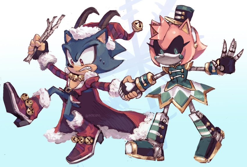 1boy, 1girl, 9474s0ul, alternate_costume, alternate_universe, animal_ears, bell, black_gloves