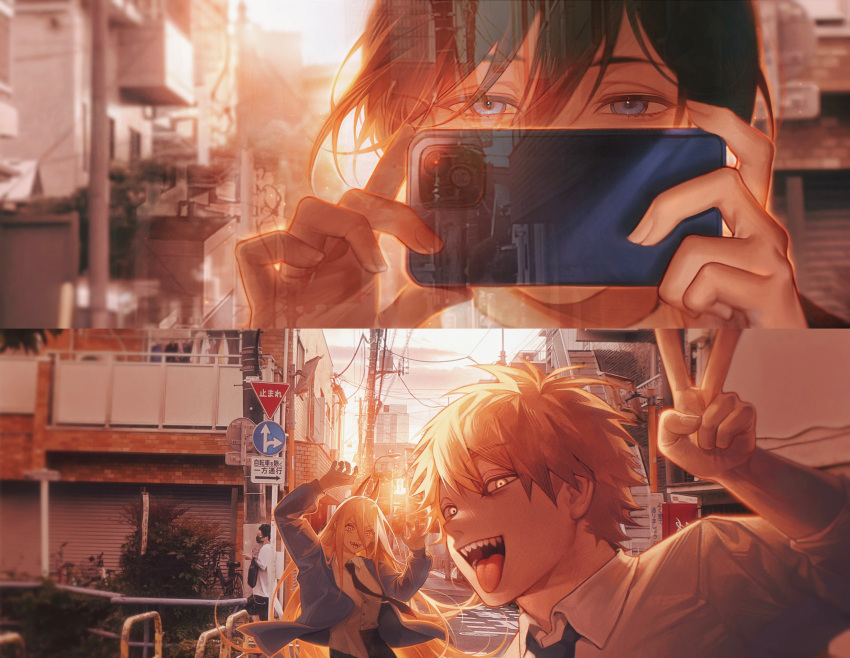 1girl, 2boys, absurdres, black_hair, black_necktie, blonde_hair, blue_eyes, blue_jacket, blurry, blurry_background, building, cellphone, chainsaw_man, chinese_commentary, claw_pose, collared_shirt, commentary_request, covered_mouth, cross-shaped_pupils, demon_horns, denji_(chainsaw_man), evening, glowing, glowing_eyes, hair_between_eyes, hayakawa_aki, highres, holding, holding_phone, horns, huli_xiaobai, jacket, long_hair, looking_at_viewer, multiple_boys, necktie, open_mouth, outdoors, phone, photo_background, plant, portrait, power_(chainsaw_man), road, road_sign, sharp_teeth, shirt, sign, smartphone, smile, stairs, straight-on, street, symbol-shaped_pupils, taking_picture, teeth, tongue, tongue_out, town, v, white_shirt, yellow_eyes