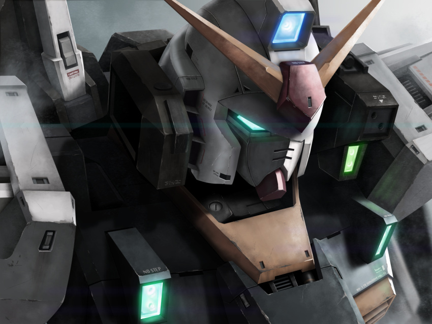 commentary_request, glowing, glowing_eye, green_eyes, gundam, gundam_mk_ii, kumagoro1108, mecha, mobile_suit, no_humans, portrait, robot, science_fiction, solo, v-fin, zeta_gundam