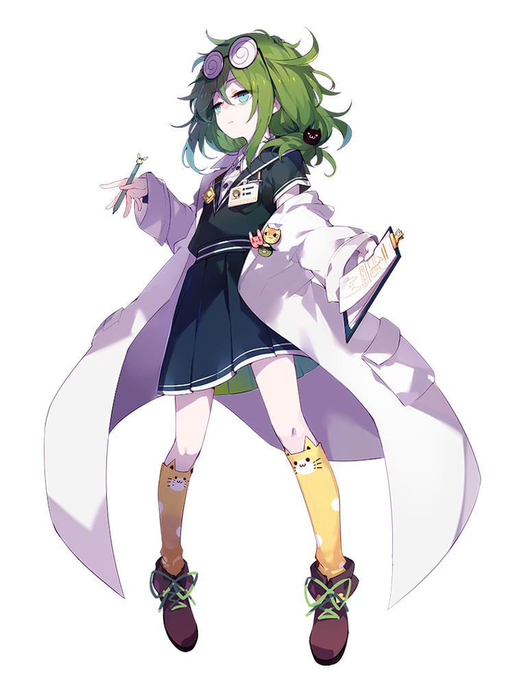 1girl, bags_under_eyes, benghuai_xueyuan, black_shirt, black_skirt, blue_eyes, cat_hair_ornament, coke-bottle_glasses