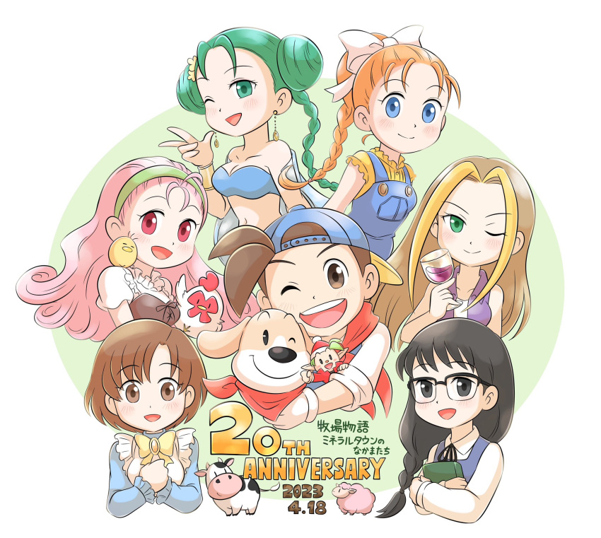 1boy, 6+girls, bird, black_eyes, black_hair, blue_eyes, bluefrog9090, blush