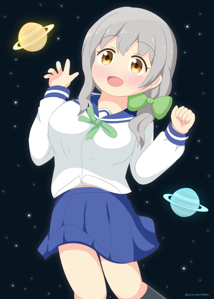 1girl, artist_name, attamattama, bow, breasts, hair_bow, highres, koisuru_asteroid, large_breasts, long_hair, mole, morino_mari, open_mouth, planet, school_uniform, signature, socks, solo, space, yellow_eyes