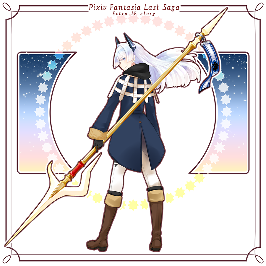 1girl, black_gloves, black_horns, blue_eyes, brown_footwear, copyright_name, emisuke_109, full_body, gloves, holding, holding_polearm, holding_weapon, hood, hood_down, horns, long_hair, long_sleeves, pixiv_fantasia, pixiv_fantasia_last_saga, polearm, smile, solo, standing, sterling_(pixiv_fantasia_last_saga), weapon