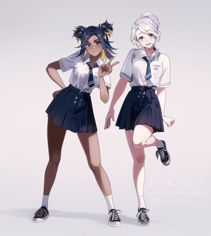 2girls, arms_at_sides, blonde_hair, blue_hair, breasts, closed_mouth, collared_shirt, contrapposto, dark_skin, double_bun, evil_cactus, full_body, green_eyes, grey_eyes, hair_bun, hair_intakes, hand_on_own_hip, hand_up, highres, jett_(valorant), leg_up, medium_breasts, medium_hair, multicolored_hair, multiple_girls, necktie, neon_(valorant), parted_bangs, pleated_skirt, purple_necktie, purple_skirt, school_uniform, shirt, shoes, short_sleeves, sidelocks, simple_background, skirt, sneakers, split_mouth, standing, standing_on_one_leg, streaked_hair, teeth, v, valorant, white_background, white_hair, white_shirt
