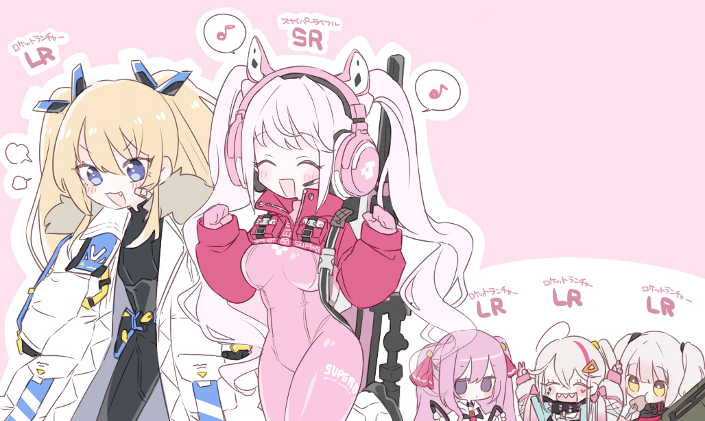 5girls, :d, ahoge, alice_(nikke), animal_ear_headphones, animal_ears, armored_bodysuit, bandaid