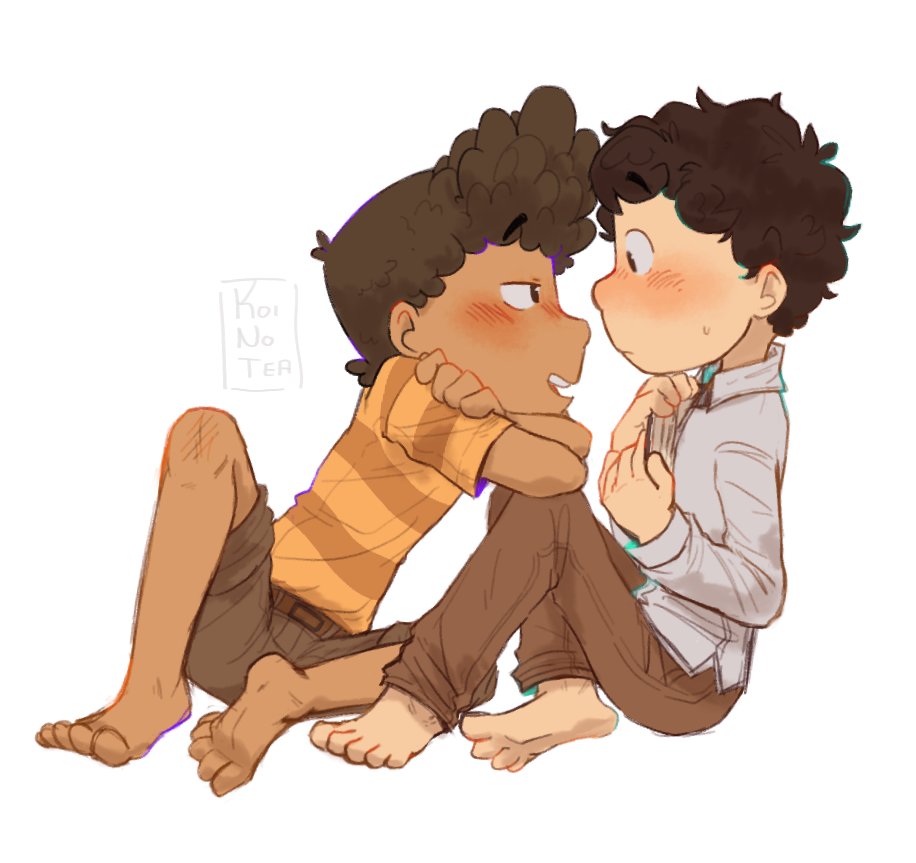 2boys, alberto_scorfano, animification, artist_name, barefoot, bishounen, blush, book