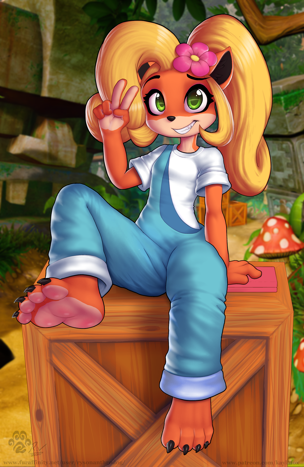1girl, artist_name, blonde_hair, blue_overalls, coco_bandicoot, crash_bandicoot_(series), crate, dated