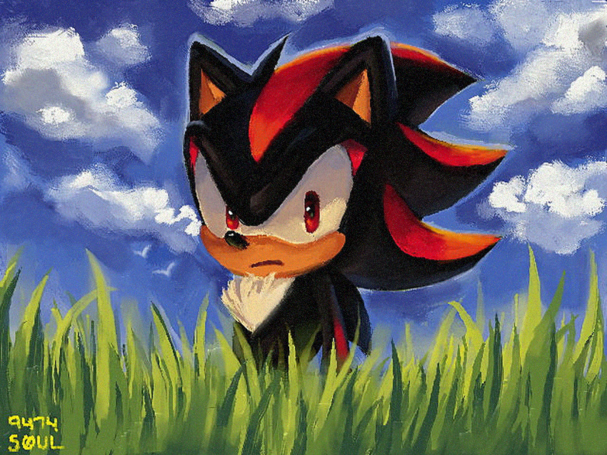1boy, 9474s0ul, animal_ears, animal_nose, closed_mouth, clouds, commentary, day, english_commentary, furry, furry_male, grass, looking_at_viewer, male_focus, outdoors, pokemon_art_academy, red_eyes, shadow_the_hedgehog, signature, solo, sonic_(series), upper_body