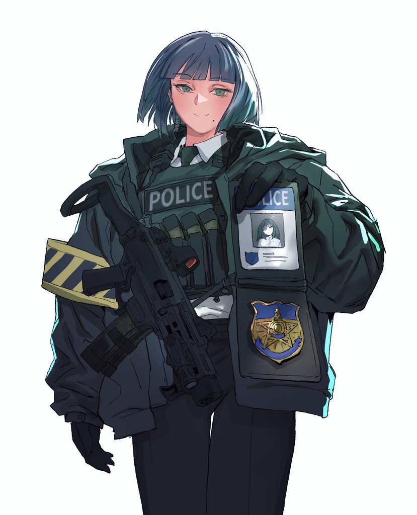 1girl, black_gloves, black_pants, blue_hair, blunt_bangs, bob_cut, closed_mouth, collared_shirt, commentary, commission, english_commentary, evo_3, gloves, green_eyes, green_jacket, green_necktie, green_vest, grey_hair, gun, holding, jacket, long_sleeves, looking_at_viewer, maxturbo69, mole, mole_under_mouth, necktie, open_clothes, open_jacket, original, pants, police, police_badge, puffy_long_sleeves, puffy_sleeves, shirt, short_hair, simple_background, smile, solo, standing, vest, weapon, white_background, white_shirt