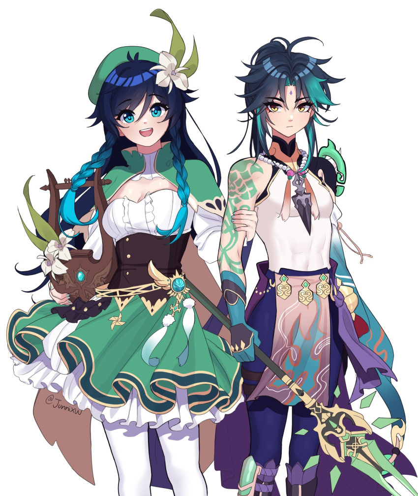 1boy, 1girl, alternate_hairstyle, annidrw, aqua_eyes, arm_tattoo, bead_necklace, beads