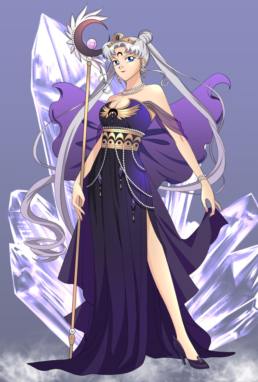 1girl, alternate_hair_color, bishoujo_senshi_sailor_moon, black_dress, black_footwear, black_moon_clan, blonde_hair, blue_eyes, bracelet, commentary, corruption, crown, crystal, dark_persona, double_bun, dress, english_commentary, gem, hair_bun, high_heels, highres, jewelry, koya, long_hair, mind_control, necklace, parted_bangs, pearl_bracelet, pearl_necklace, scepter, side_slit, solo, tsukino_usagi, twintails, very_long_hair, white_hair