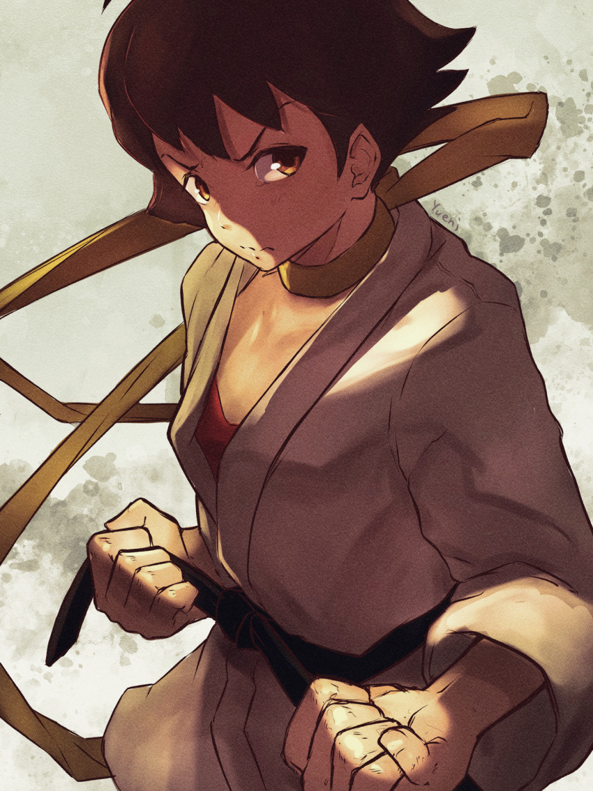 1girl, black_hair, brown_eyes, choker, clenched_hands, dougi, highres, karate_gi