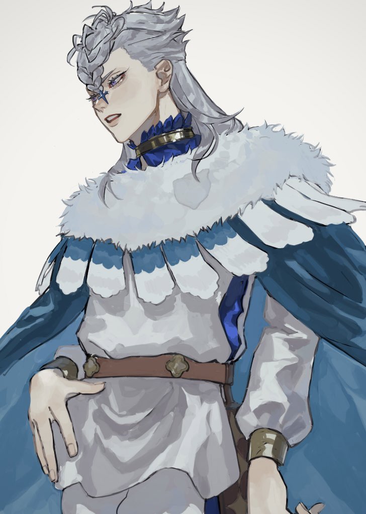 1boy, black_clover, braid, braided_bangs, feather_trim, grey_hair, looking_away, male_focus