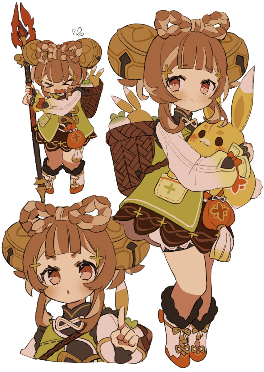 >_<, 1girl, :o, absurdres, basket, bell, bloomers, blush, boots, bow-shaped_hair, brown_eyes, brown_hai, brown_hair, double_bun, flying_sweatdrops, genshin_impact, hair_bell, hair_bun, hair_ornament, highres, holding, holding_polearm, holding_weapon, index_finger_raised, iwashi_(iwashi008), jingle_bell, long_sleeves, looking_at_viewer, multiple_views, open_mouth, polearm, shoes, simple_background, smile, spear, staff_of_homa_(genshin_impact), tassel, underwear, weapon, white_background, white_bloomers, yaoyao_(genshin_impact), yuegui_(genshin_impact)