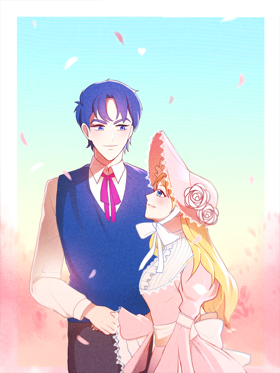 1boy, 1girl, 66_gousen, blonde_hair, blue_eyes, blue_hair, blue_vest, blush, closed_mouth, couple, dress, erina_pendleton, hand_grab, hat, hetero, jojo_no_kimyou_na_bouken, jonathan_joestar, long_hair, long_sleeves, looking_at_another, pants, phantom_blood, pink_dress, shirt, short_hair, smile, standing, vest