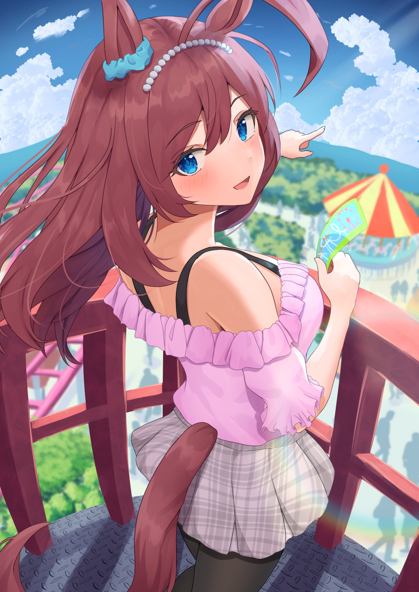 1girl, :d, absurdres, ahoge, animal_ears, black_pantyhose, blue_eyes, blue_scrunchie