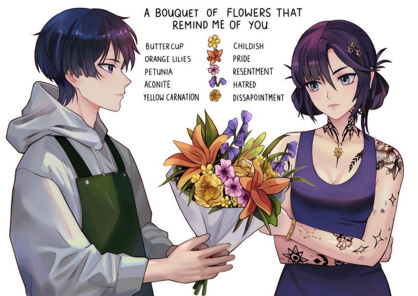 1boy, 1girl, absurdres, alternate_costume, angryoats, apron, arm_tattoo, blue_eyes