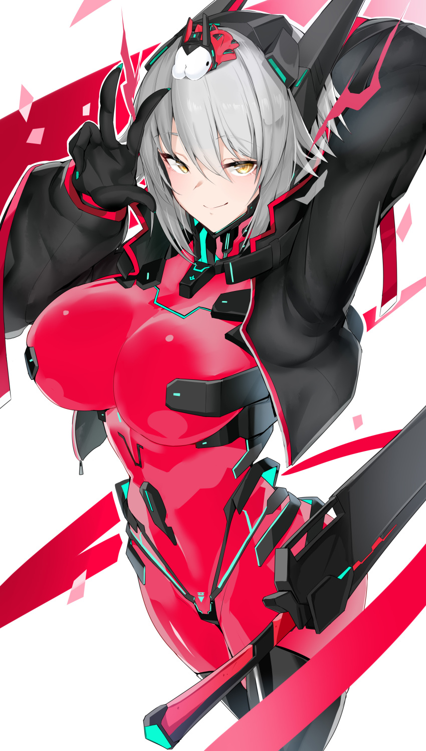 1girl, absurdres, android, bodysuit, breasts, cropped_hoodie, cyberpunk, gloves, grey_hair, hair_between_eyes, highres, hood, hoodie, horns, indie_virtual_youtuber, large_breasts, long_hair, looking_at_viewer, maruyaa_(malya1006), mechanical_horns, red_bodysuit, slit_pupils, smile, solo, standing, virtual_youtuber, vshojo, yellow_eyes, yellow_pupils, zentreya_(cyborg), zentreya_(vtuber)