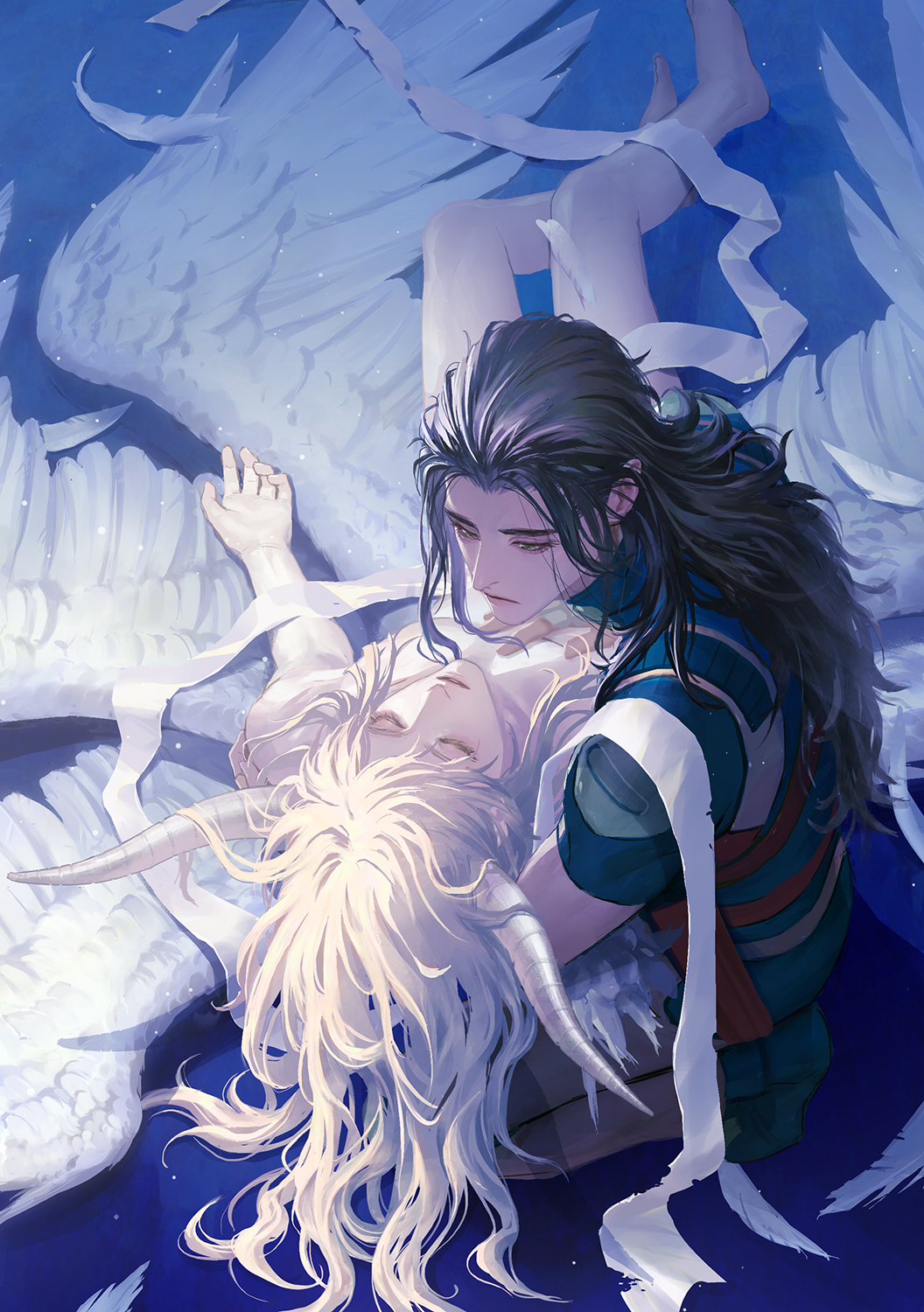 2boys, aleph_(megami_tensei), angel_wings, black_footwear, black_hair, carrying, carrying_person, closed_eyes