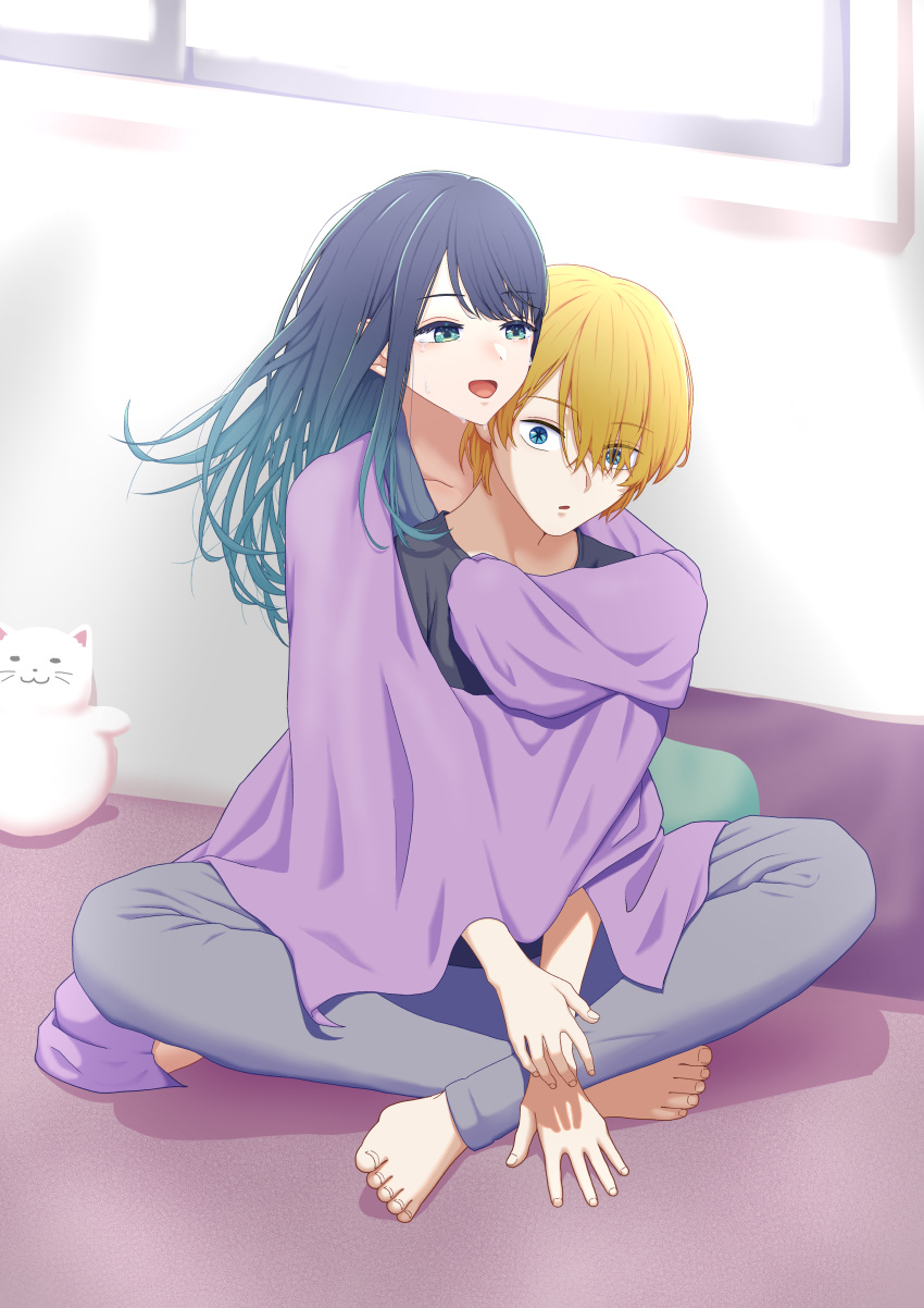 1boy, 1girl, absurdres, amainukikenma20, aqua_eyes, black_shirt, blonde_hair, blue_eyes, blue_hair, blue_shirt, collarbone, commentary_request, crying, crying_with_eyes_open, gradient_hair, highres, hoshino_aquamarine, hug, hug_from_behind, indian_style, kurokawa_akane, light_blue_hair, long_hair, multicolored_hair, open_mouth, oshi_no_ko, parted_lips, shirt, short_hair, sitting, star-shaped_pupils, star_(symbol), sweat, symbol-shaped_pupils, tears