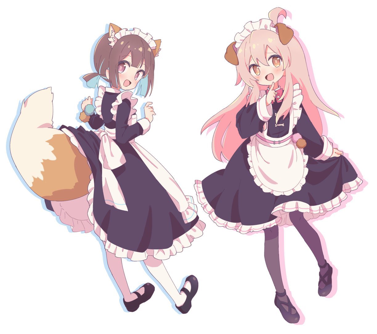 2girls, 7takada, ahoge, animal_ear_fluff, animal_ears, apron, black_dress, black_footwear, black_pantyhose, brown_eyes, brown_hair, clothes_lift, dog_ears, dog_girl, dress, dress_lift, finger_to_mouth, fox_ears, fox_girl, fox_tail, full_body, hozuki_momiji, long_hair, looking_at_viewer, looking_back, maid, maid_headdress, multiple_girls, onii-chan_wa_oshimai!, open_mouth, oyama_mahiro, pantyhose, ponytail, shoes, short_hair, smile, tail, tail_raised, white_apron, white_pantyhose