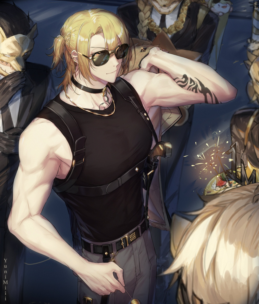 1boy, 4others, absurdres, arm_tattoo, arm_up, artist_name, bare_shoulders, belt, belt_buckle, black_belt, black_choker, black_hair, black_jacket, black_necktie, black_shirt, blonde_hair, buckle, candy, choker, closed_mouth, commentary, english_commentary, fireworks, food, formal, fur-trimmed_jacket, fur_trim, grey_pants, gun, hair_ornament, hairclip, handgun, highres, holding, holding_candy, holding_clothes, holding_food, holding_jacket, holding_lollipop, holster, jacket, jacket_removed, jewelry, lollipop, looking_at_viewer, luca_kaneshiro, luca_kaneshiro_(2nd_costume), male_focus, mask, medium_hair, milestone_celebration, multiple_others, necklace, necktie, nijisanji, nijisanji_en, official_alternate_costume, pants, parted_bangs, shirt, short_sidetail, shoulder_holster, sidelocks, sleeveless, sleeveless_shirt, smile, smirk, sparkler, standing, suit, sunglasses, tattoo, virtual_youtuber, weapon, white_shirt, yuni_miii
