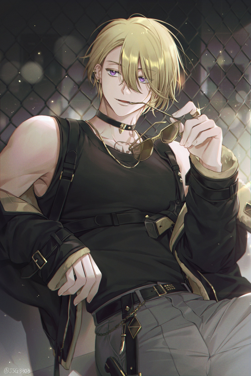 1boy, absurdres, artist_name, bare_shoulders, belt, belt_buckle, black_belt, black_choker