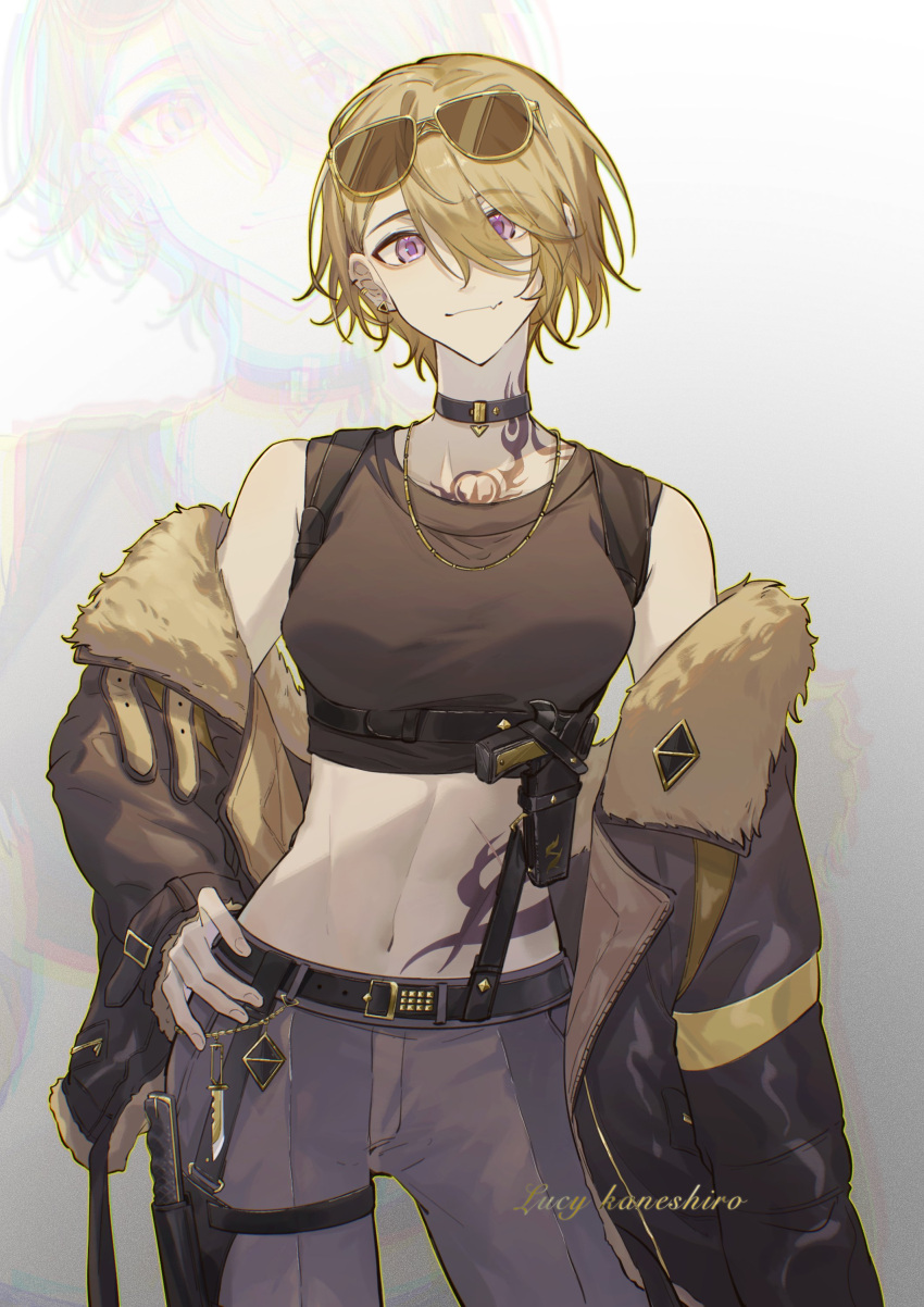 1girl, absurdres, bare_shoulders, belt, belt_buckle, black_belt, black_jacket, black_shirt