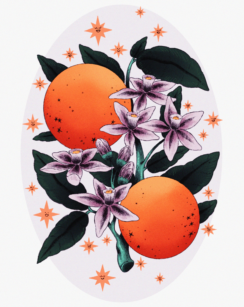 absurdres, commentary, english_commentary, flower, flower_focus, food, fruit, grey_background, highres, leaf, no_humans, orange_(fruit), original, plant, prinsomnia, purple_flower, simple_background, star_(symbol), white_background