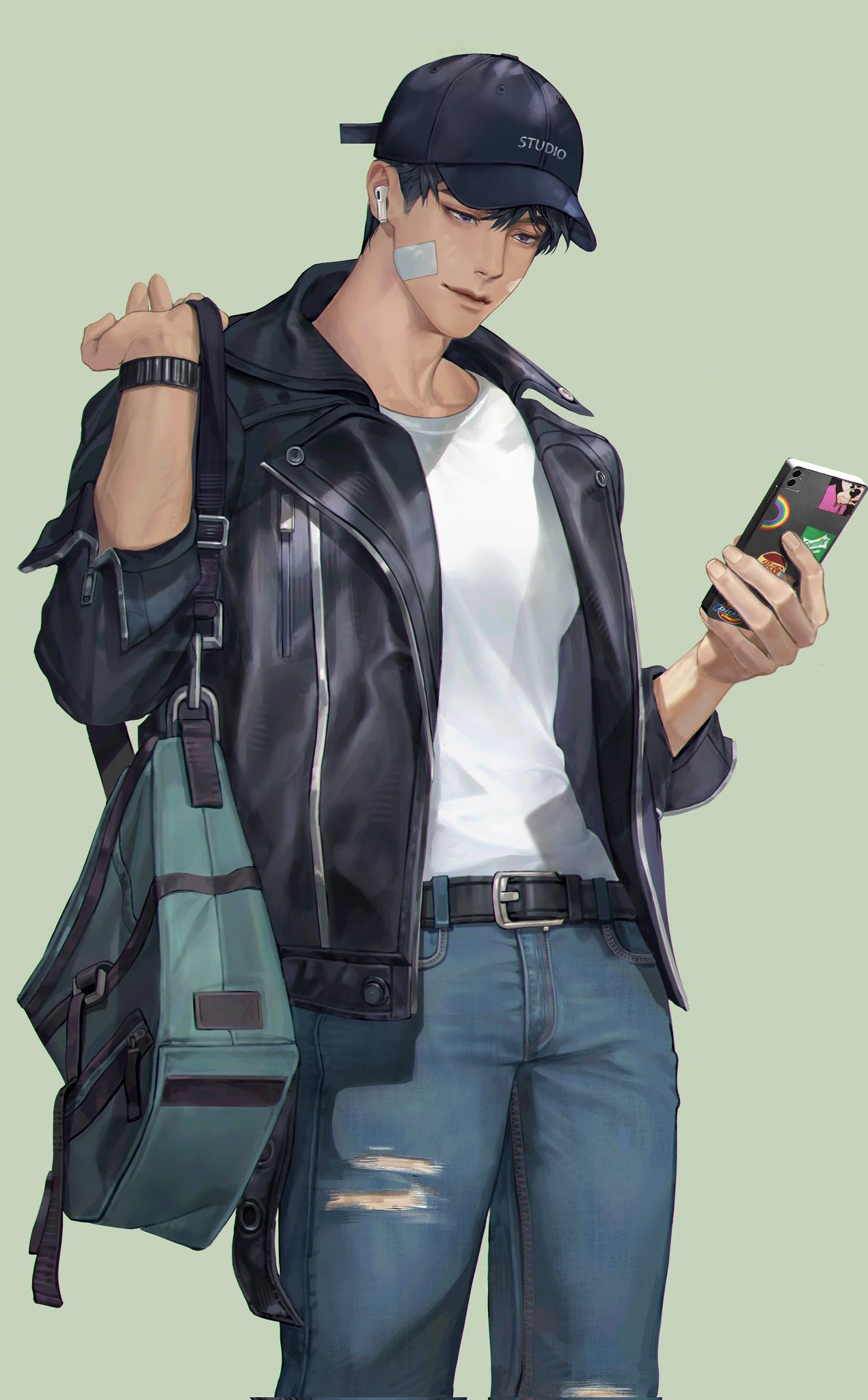 1boy, airpods, bag, bandaid, bandaid_on_head, belt, black_belt, black_eyes