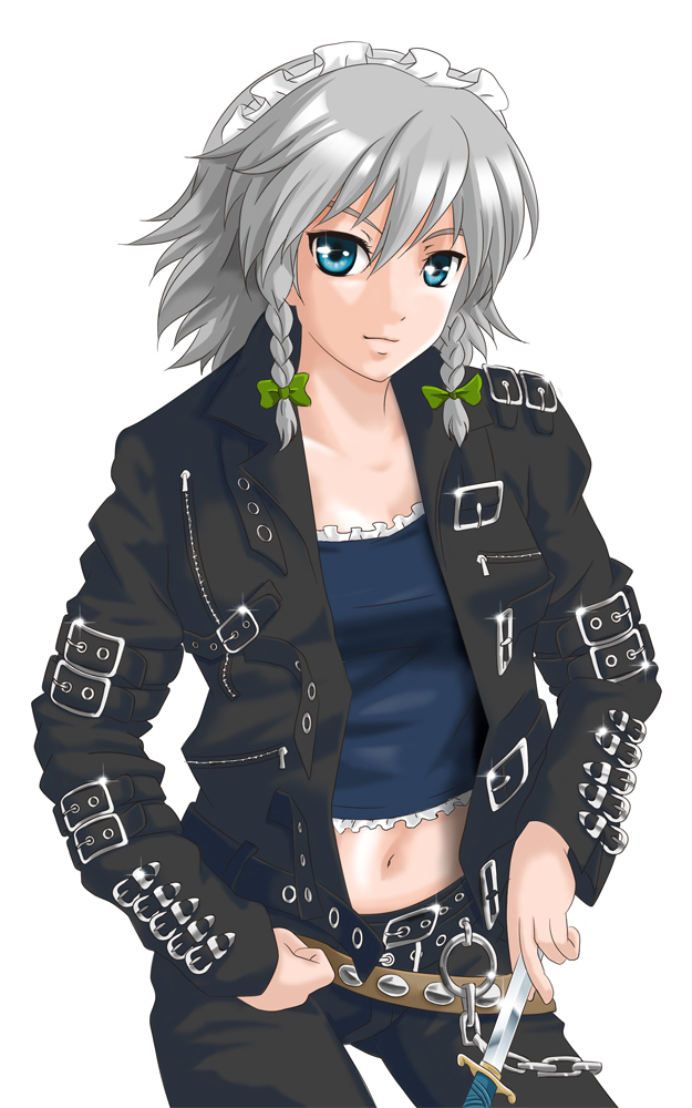 bad_(song), belt, blue_eyes, braid, chain, cosplay, izayoi_sakuya, jacket, knife, leather, maid_headdress, michael_jackson, michael_jackson_(cosplay), short_hair, silver_hair, simple_background, solo, taishi_(moriverine), touhou, twin_braids