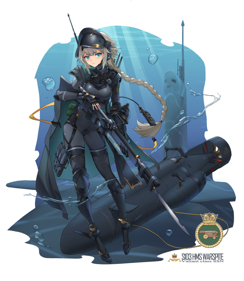 1girl, asymmetrical_gloves, bayonet, black_gloves, black_wetsuit, blonde_hair, blue_eyes, bodysuit, braid, breasts, character_name, fingerless_gloves, gloves, gun, head-mounted_display, highres, hms_warspite_(badge), hms_warspite_(s103), holding, holding_weapon, long_braid, long_hair, machinery, mechanical_arms, medium_breasts, original, personification, rifle, royal_navy, sima_naoteng, single_braid, single_fingerless_glove, solo, submarine, torpedo, union_jack, very_long_hair, watercraft, weapon, wetsuit