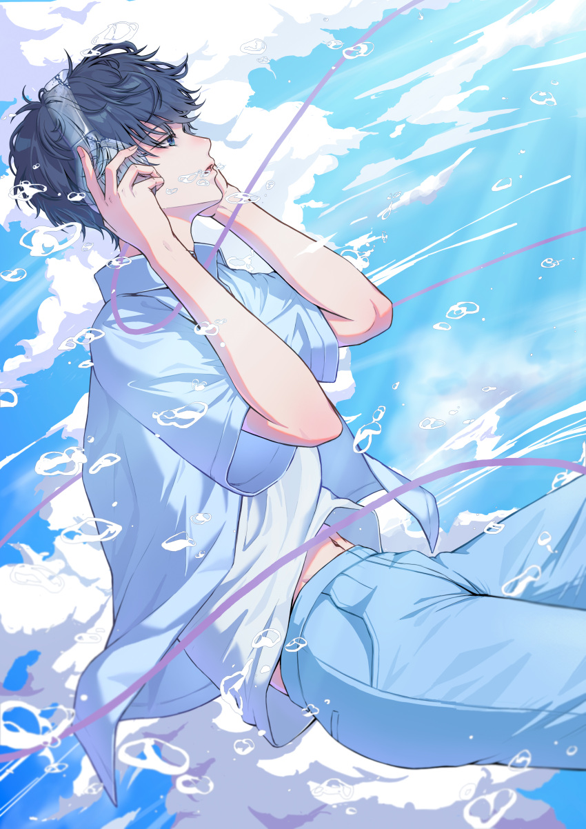 1boy, absurdres, blue_eyes, blue_hair, blue_pants, blue_shirt, blue_sky, clouds