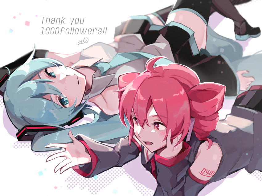 2girls, ahoge, aqua_eyes, aqua_hair, aqua_necktie, bare_shoulders, black_skirt, black_sleeves