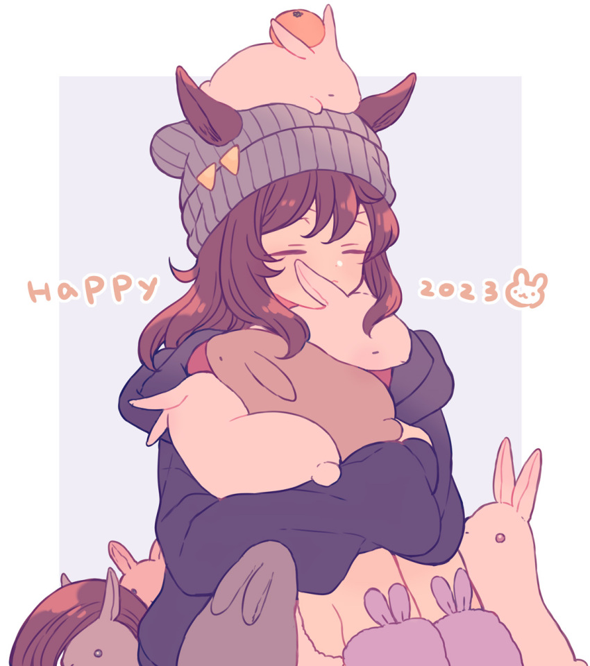 1girl, 2023, animal_ears, animal_hug, animal_on_head, beanie, black_hoodie, brown_hair