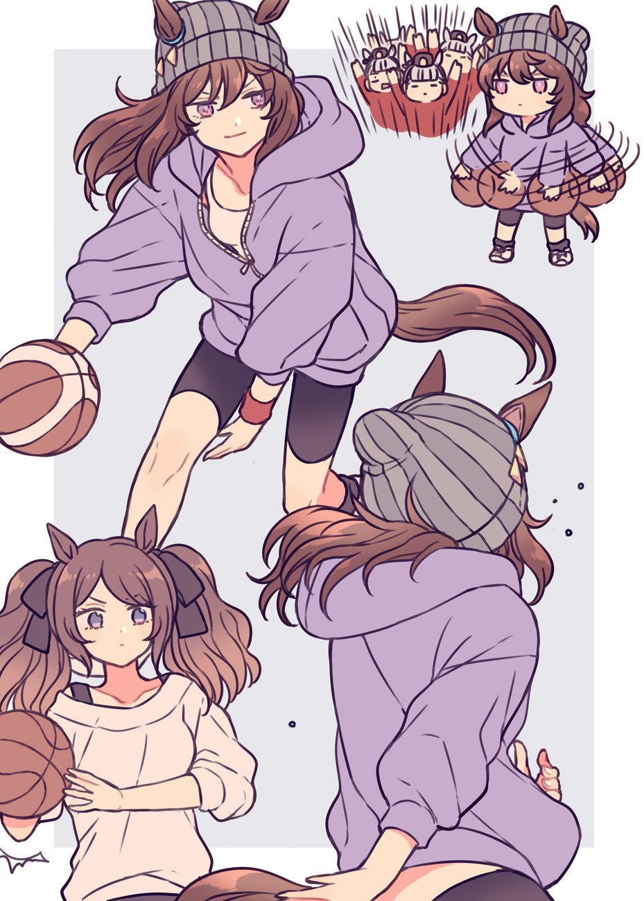 3girls, animal_ears, ball, basketball_(object), beanie, bike_shorts, breasts, brown_hair, chibi, closed_mouth, gold_ship_(umamusume), grey_headwear, hat, highres, holding, holding_ball, hood, hood_down, hooded_jacket, horse_ears, horse_girl, horse_tail, jacket, long_hair, long_sleeves, looking_at_another, multiple_girls, multiple_views, nakayama_festa_(umamusume), purple_jacket, riccovich, shirt, small_breasts, smile, speed_lines, sweatband, tail, tank_top, tosen_jordan_(umamusume), twintails, umamusume, violet_eyes, white_shirt