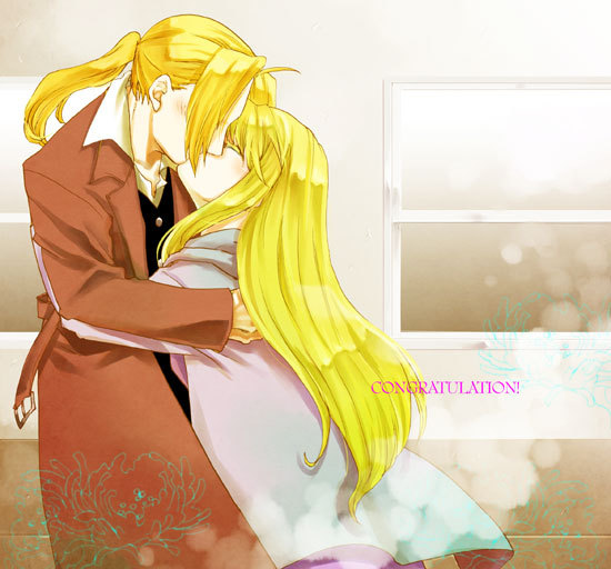 1girl, blonde_hair, couple, edward_elric, fullmetal_alchemist, hoshino_hitsuki, hug, kiss, long_hair, ninn, spoilers, winry_rockbell