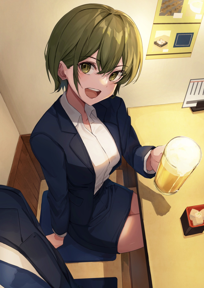 1boy, 1girl, beer_mug, blue_jacket, blue_necktie, blue_skirt, cup, formal