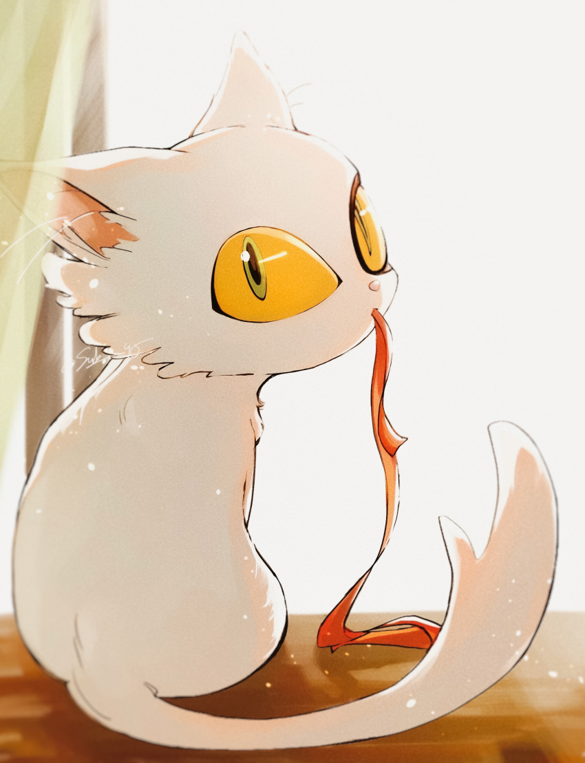 animal_ear_fluff, artist_name, cat, colored_sclera, commentary, curtains, daijin_(suzume), from_behind, green_eyes, highres, looking_at_viewer, looking_back, mouth_hold, no_humans, red_ribbon, ribbon, signature, sitting, slit_pupils, sub_45, suzume_no_tojimari, twitter_username, white_background, white_cat, window, windowsill, yellow_sclera
