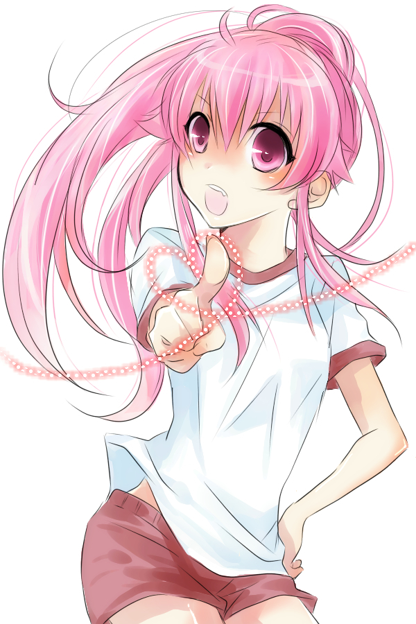 bad_id, gym_uniform, heart, kairi_(mglg), long_hair, pink_eyes, pink_hair, ponytail