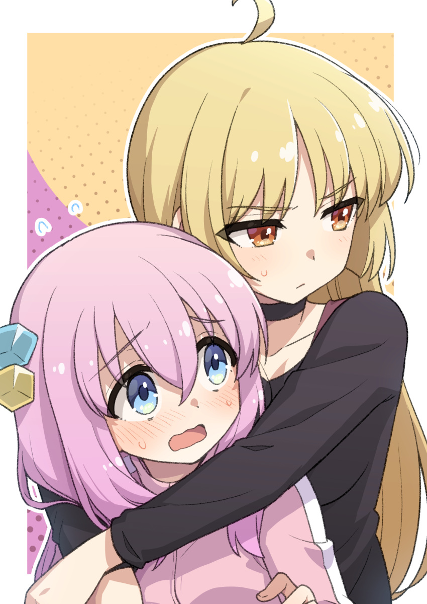 2girls, ahoge, black_shirt, blonde_hair, blush, bocchi_the_rock!, brown_eyes, choker, closed_mouth, collarbone, cube_hair_ornament, gotou_hitori, hair_ornament, heebee, highres, hug, hug_from_behind, ijichi_seika, long_hair, long_sleeves, looking_at_another, looking_away, multiple_girls, open_mouth, pink_hair, shirt, sweatdrop, yuri